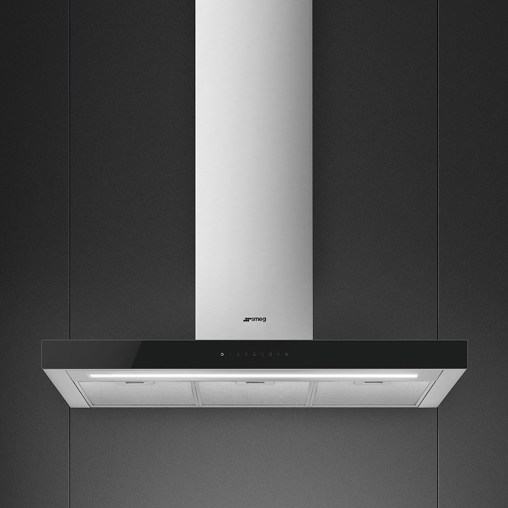 Smeg KBT9L4VN 90cm Chimney Hood, Stainless Steel with Black Glass Facia Auto - Image 2