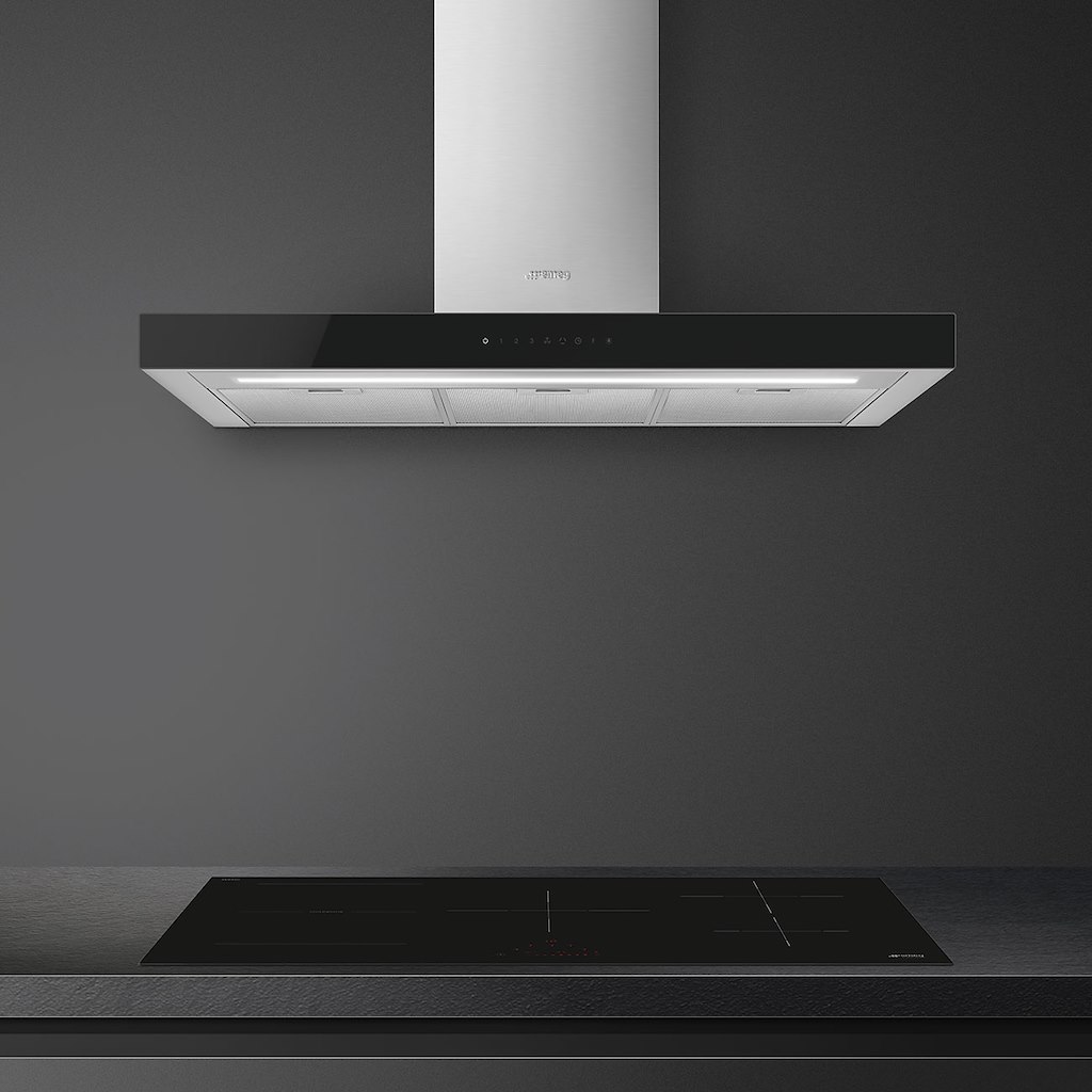 Smeg KBT9L4VN 90cm Chimney Hood, Stainless Steel with Black Glass Facia Auto - Image 8