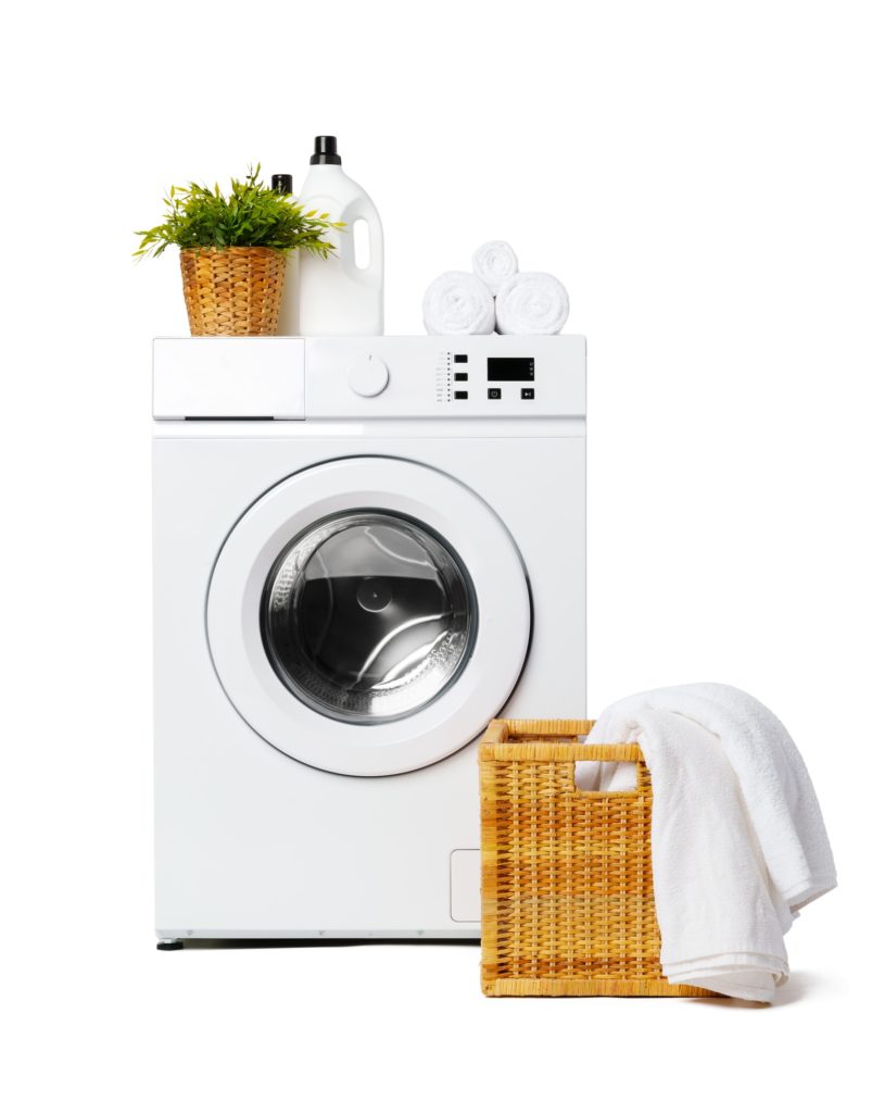 White Laundry Washing Machine With Basket and Detergent Bottles